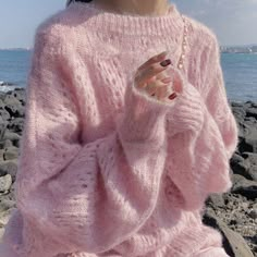 bonbop - bonbop Hollow Sweater, Pull Mohair, Áo Len Cardigan, Baby Rosa, White Chic, Mohair Sweater, Pullover Sweater Women, Loose Sweater, 가을 패션