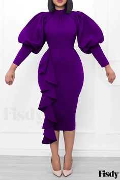 Fisdy - Borgoña Calle Elegante Volante Medio Cuello Tortuga Falda Lápiz D Purple Church Dress, Christian Clothes, Curvy Clothes, Blessed Wednesday, Formal Occasion Dress, Dresses Purple, Flounce Dress, Long Cocktail Dress, Office Chic