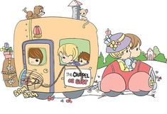 the children are riding in an old camper with their dog and cat on it