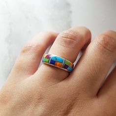 Sterling Silver Arizona Kingman Turquoise and Opal Inlaid Multicolored Geometric Ring Opal Inlay Ring Gift, Opal Ring With Inlay Perfect For Gifts, Gift Opal Inlay Ring, Multicolor Cabochon Rings Fine Jewelry, Multicolor Cabochon Rings In Fine Jewelry Style, Multicolor Inlay Rings For Anniversary, Handmade Multicolor Fine Jewelry Rings, Anniversary Multicolor Inlay Rings, Multicolor Turquoise Gemstone Ring In Sterling Silver