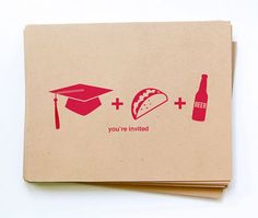 two cards with graduation caps and tacos on them, one says you're invited