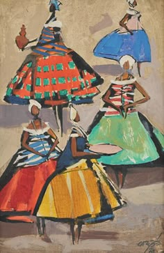 three women in colorful dresses are sitting under an umbrella