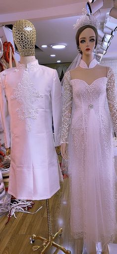 Beautiful traditional Vietnamese Ao Dai made to fit your measurements! Choose between 3 styles Style 1: Beaded lace patterns with ruched front - can be ordered as single or couple Style 2: Beaded lace patterns Style 3: Hand drawn patterns - can be ordered as single or couple Optional head piece at extra cost: please message us with a style you want - Price include pants for the lady's Ao dai The dress will need 2-3 weeks to be made. Please send us your body measurements (see last image) after pa Traditional White Embroidered Wedding Dress, Traditional White Wedding Dress For Ceremonies, Traditional Fitted White Wedding Dress, Fitted White Bridal Accessories With Pearl Embroidery, White Wedding Dress With Lace Sleeves, White Lace Bridal Accessories For Wedding, Festive White Wedding Dress With Intricate Embroidery, Traditional White Lace For Wedding, Traditional White Bridal Accessories For Marriage