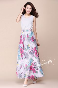 Rosy Flower Chiffon Skirt Long Maxi Sundress Beachdress Holiday Dress Women Summer Pleat Dress Beach Skirt Plus Size Dresses Detail Info: ❤ Color: as picture, rosy flower. More color choice link: https://www.etsy.com/listing/213656440/chiffon-dress-color-card?ref=shop_home_feat_1 you just note the color you want with order, we will make according to your note. ❤ Material: Chiffon Waist 60-100cm, Please choose the length according to your height! Please note your waist size with your order, thank Spring Floral Chiffon Dress For The Beach, Spring Beach Floral Chiffon Dress, Casual Chiffon Sundress For Spring, Summer Vacation A-line Chiffon Dress, Chiffon A-line Maxi Dress For Vacation, Summer Floral Print A-line Chiffon Dress, Summer Floral Print Chiffon Dress, Chiffon Floral Maxi Dress For Vacation, Chiffon Sundress For Beach In Spring