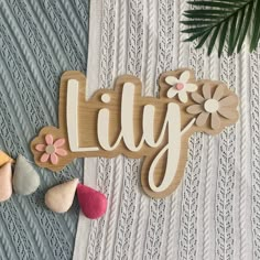 a wooden sign that says lily with flowers on it next to some rocks and leaves