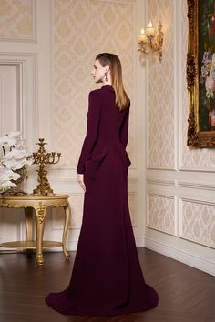 This dress showcases an elegant, de-constructed collar design. The pegged and draped features offer a modern take on traditional evening wear. Enjoy a flattering silhouette and luxurious velvet fabric for a statement look. *Note: The length is measured from the shoulder to the shortest of the front.Length: XS: 157cm, S: 159cm, M/L/XL: 160cm, XXL: 162cm Pre-draped Cocktail Evening Dress With Pleated Back, Formal Pre-draped Gown With Pleated Back, Pleated Pre-draped Evening Dress With Fitted Bodice, Formal Long Sleeve Ruched Evening Dress, Formal Pre-draped Maxi Dress With Pleated Back, Long Sleeve Ruched Evening Dress For Formal Occasions, Fitted Long Sleeve Pre-draped Evening Dress, Pre-draped Maxi Evening Dress For Banquet, Fitted Long Sleeve Evening Dress With Pleated Bodice