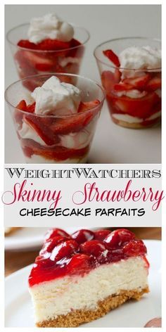 strawberry cheesecake parfaits with whipped cream and strawberries in the top layer