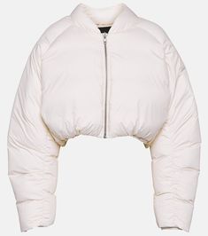 Cropped Down Jacket in White - Entire Studios | Mytheresa White Puffer Jacket Cropped, Winter White Quilted Nylon Outerwear, Quilted Nylon Outerwear In Winter White, Winter White Nylon Puffer Outerwear, White Nylon Puffer Jacket With Detachable Hood, Winter White Duck Down Puffer Jacket, Winter Outerwear With Padded Collar In Polyamide, Winter Polyamide Outerwear With Padded Collar, Fitted Duck Down Puffer Jacket For Outdoor