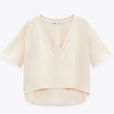 V-Neck T-Shirt With Short Sleeves. Asymmetric Hem. Ref 0264/352 #2 Beige V-neck Top For Summer, Solid V-neck Summer Top, Beige V-neck Crop Top For Spring, Zara Beige V-neck Blouse, Trendy Zara V-neck Top, Zara Trendy V-neck Tops, Beige V-neck Top By Zara, Zara Beige V-neck Top, Zara Trendy V-neck Crop Top