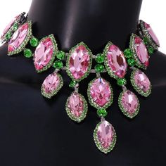 Beautiful Pink And Green Rhinestone Necklace In Silver Color Setting. New Never Worn. Pink Rhinestone Necklace With Bling For Gift, Pink Rhinestone Bling Necklace For Gift, Pink Rhinestone Bling Necklace Gift, Pink Crystal Embellished Jewelry For Party, Pink Crystal-embellished Jewelry For Party, Pink Crystal Rhinestone Necklace, Elegant Pink Crystal Necklace For Party, Pink Bling Necklace For Gift, Pink Jeweled Rhinestone Necklace For Party