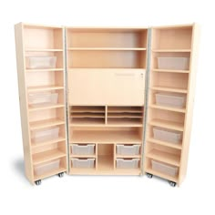 an open closet with several bins and shelves on wheels in front of white background