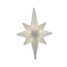 a white christmas ornament with lights on it's sides and an upside down star