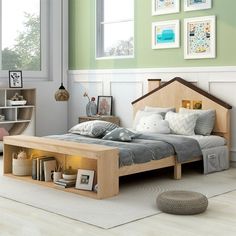 a bed room with a neatly made bed and a book shelf on the side of the bed