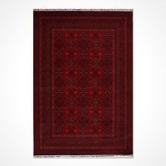 a red rug with an intricate design on the bottom and sides, in front of a white background