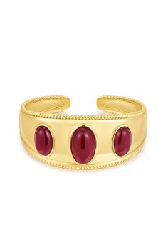 Statement bangle featuing 3 oval shaped dark red cabochon stones with a smooth and textured ridged bezel detail Bangle is 65mm x 50mm x 30mm Made from Brass Plated Gold or Silver Bangle is 100% nickel-free and cadmium-free 1 year warranty Packaged in Luv Aj branded gift boxes Part of the Camelia Farhoodi x Luv Aj Collection Camelia Farhoodi, Luv Aj, Shiraz, Branded Gifts, Crown Jewels, Stone Gold, Silver Bangle, Pink Bracelet, Bangles Jewelry