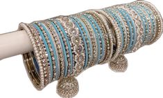 Traditional Blue Bangle For Weddings, Traditional Blue Wedding Bangle, Blue Hand Set Bangle For Wedding, Blue Hand-set Bangle For Wedding, Blue Bangle For Weddings And Festivals, Festive Blue Round Bangle, Blue Bangle For Festivals And Party, Blue Bangle For Party And Festivals, Jhumka Bangles