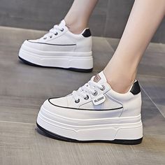 Step up your style game with these 9cm Platform Sneakers for Women - Made with high-quality leather, these shoes will not only elevate your look, but also provide comfort and support. The platform design adds height and a unique touch to your outfit. Perfect for any fashion-forward woman! How to Choose the Right Size: To ensure the perfect fit, please follow these steps: Measure the length of your foot while standing, with your foot firmly on the floor and parallel to your other foot. Select the White Autumn, Head Style, Wearing Style, Purple Shoes, Sneakers For Women, Genuine Leather Shoes, Wedge Sneakers, Sport Sandals, Workout Accessories