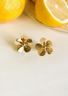 18K Gold plated Flower Earrings Gold Flower Earrings Spring Gift, Gold Clip-on Earrings For Spring Gift, Gold Flower Earrings For Spring Gift, Gold Flower-shaped Earrings For Spring, Spring Gold Flower-shaped Earrings, Spring Yellow Gold Earrings Gift, Yellow Gold Earrings For Spring Gift, Spring Gift Yellow Gold Earrings, Gold Flower Earrings With Charm