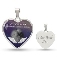 two heart shaped pendants with the words i will carry you and an image of a woman