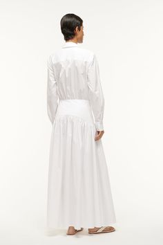 A maxi long sleeve shirt dress made out of our slightly stretchy cotton poplin fabric. This style features an a-line skirt and curved yoke at the hip. Cotton Poplin Fabric, Long Sleeve Shirt Dress, Shirt Skirt, Poplin Fabric, Dress White, Cotton Poplin, A Line Skirt, Summer 2024, A Line Skirts