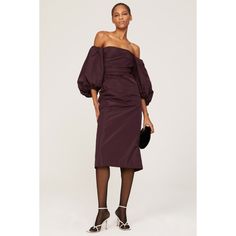 Purple polyester (100% Polyester). Sheath. 3/4 sleeves. Strapless. Back zipper closure. 42" from shoulder to hemline. Imported. Formal Midi Dress With Gathered Sleeves For Fall, Fall Cocktail Midi Dress With Gathered Sleeves, Formal Ruched Midi Off Shoulder Dress, Fall Evening Off Shoulder Dress, Fall Party Off Shoulder Midi Dress, Off-shoulder Midi Dress For Fall Evening, Spring Formal Ruched Off Shoulder Dress, Chic Fall Midi Dress With Straight Neckline, Elegant Evening Off-shoulder Dress For Fall