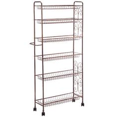 a metal rack with four shelves on wheels