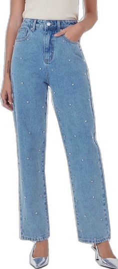 Denim Blue Straight Leg Jeans With Rhinestones, Denim Blue Rhinestone Straight Leg Jeans, Trendy Straight Leg Jeans With Rhinestones, Trendy Mid-rise Rhinestone Jeans, Embellished Denim Blue Straight Leg Bottoms, Embellished High Rise Denim Jeans, High Rise Embellished Denim Jeans, Embellished Denim Blue Straight Leg Jeans, Embellished Straight Leg Denim Blue Jeans