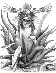 a drawing of a woman with her head in the air, surrounded by plants and flowers