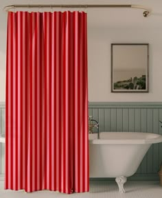 a bath room with a tub and a shower curtain