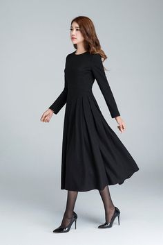 long black dress wool dress winter dress pleated dress Wool Dress Winter, Unique Black Dresses, Black Bridal Dresses, Black Dress Outfit Party, Hijab Styling, Black Dress Accessories, Black Dress Outfit Casual, Light Grey Dress, Long Skirt Fashion