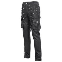 Introducing our Men's Gothic Big-pocket Silver Studded Faux Leather Pants, a statement piece that exudes boldness and edge. Crafted from a blend of faux leather and cotton fabric, these pants offer both durability and comfort for your everyday wear. 
 
The standout feature of these pants is the big-pocket design with a strap on the leg, adding a utilitarian and industrial touch to the overall look. Multiple studded straps adorn the pants, creating a striking visual contrast and adding an element Shape Wear, Big Pocket, Faux Leather Pants, Silver Studs, Black Pants, Black Silver, Leather Pants, Everyday Wear, Overalls