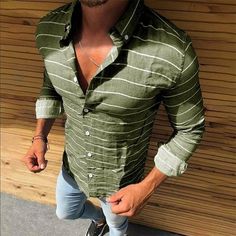 Mens Tops Fashion, Printed Hoodies Sweatshirts, Mens Fashion Jeans, Japanese Streetwear, Top Streetwear, Men's Korean Style, Striped Long Sleeve Shirt, Men Shirt Style, Slim Fit Shirt