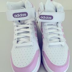 Never Worn Girls Hightop Pink And White Shoes! Great For Running, Basketball And Everyday Wear! Cute White High-top Sneakers For Spring, Cute White Streetwear Sneakers, Trendy White Adidas Sneakers, Cute White Sneakers For School, Cute White Sneakers For Sports, Cute White Sports Sneakers, Cute Purple Sneakers For School, Pink And White Shoes, Adidas Pink