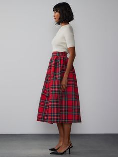 Tartan Pleated Midi Skirt | NY&Co Stewart Plaid Skirt, High Wasted Plaid Skirt, Plad Midi Skirt, Christmas Skirts Women, Classic Wool Skirt, Women's Wool Skirt, Christmas Skirts Women Classy With Boots, A Line Winter Skirts, Chic Cheap Plaid Skirt