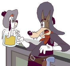 an image of a cartoon character with a dog on his lap and another person holding a beer