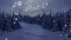 the night sky is full of stars and snowflakes as well as some trees