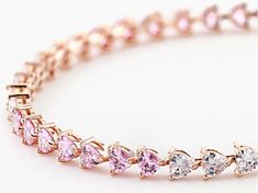 Bella Luce ® pink and white diamond simulants 14.39ctw heart, Eterno™ 18k rose gold over sterling silver heart tennis bracelet. Measures approximately 7.25" or 8"L x 0.19"W and has a hidden box closure. The diamond equivalent weight is 9.00ctw. Rose Gold Cubic Zirconia Tennis Bracelet Gift, Pink Gold Cubic Zirconia Heart Cut Jewelry, Pink Gold Heart Cut Cubic Zirconia Jewelry, Pink Gold Heart-shaped Cubic Zirconia Jewelry, Pink Heart Bracelet For Valentine's Day Anniversary, Rose Gold Heart Cut Jewelry With Prong Setting, Valentine's Day Gift Tennis Bracelet With Cubic Zirconia, Valentine's Day Pink Gold Jewelry With Cubic Zirconia, Valentine's Day Pink Gold Cubic Zirconia Jewelry