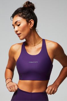 No-Bounce Reflective High Impact Sports Bra Fabletics purple female Activewear >> Womens >> Sports Bras >> High Impact regular Reflective/Removable Bra Cups/Removable Cups Versatile Compressive Sports Bra With Removable Pads, Versatile Breathable Sports Bra With 4-way Stretch, Versatile 4-way Stretch Breathable Sports Bra, Solid Color V-neck Sports Bra With Removable Pads, Solid Color V-neck Sports Bra With Light Support, Female Activewear, Spotted Animals, High Impact Sports Bra, Womens Sports