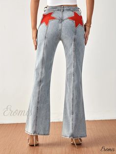 Eromis - Womens High Waist Light Blue Flared Jeans with Star Print, Wide Legs, and Bell Bottom Design - Premium Denim Pants and Apparel Red Wide-leg Denim Jeans, Red High Rise Non-stretch Jeans, Red Non-stretch High-rise Jeans, High Waist Red Denim Jeans, High Rise Red Denim Pants, Red Mid-rise Flare Jeans In Denim, Red Full-length Denim Jeans, Red Denim Flare Jeans For Spring, Spring Red Denim Flare Jeans