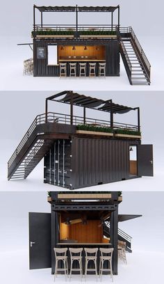 three different views of a shipping container with stairs and tables in it, one on the ground