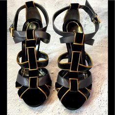 These Heels Feature A Strappy Design Made Of Black Leather And Velvet, Accentuated By Gold Details At The Edges. It Is Designed With A Buckle Closure At The Side, With Lustrous Goldtone Spike Heels. Heel Height: 5”. It 39.5 **Small Snag At Undersole Joining On The Left Heelsee Lastpic** Gucci Sliders, Wooden Platform Sandals, Gold Loafers, Jesus Help, Gucci Boots, Gucci Heels, Earth Goddess, Shoes Gucci, Gladiator Heels