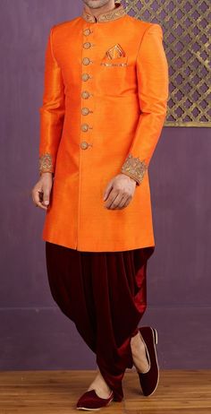 Orange Salwar Kameez With Dabka For Wedding, Wedding Orange Salwar Kameez With Dabka Embroidery, Indowestern Outfits For Men Jodhpuri, Orange Dabka Salwar Kameez For Wedding, Orange Wedding Salwar Kameez With Dabka, Fitted Nehru Jacket For Wedding And Diwali, Traditional Fitted Sherwani With Dori Work, Traditional Drape Churidar For Wedding And Festivals, Fitted Nehru Jacket With Pallu For Eid