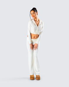 Cute and cozy…you know the vibes 💋 Featuring a white knit cropped jacket paired with white knit pants - this matching two-piece set is giving all the Y2k energy you need 🤍 White Loungewear Sets For Winter, White Winter Loungewear Sets, Chic White Cropped Sets, White Cropped Sweater For Fall Loungewear, Casual White Knit Sets, White Loungewear Set For Fall, Chic White Loungewear Sets, White Sets For Loungewear In Fall, White Fall Loungewear Sets