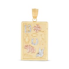 Take your luck with you wherever you go with this symbolic charm. Crafted in 14K yellow gold with 14K rose and 14K white gold touches The rectangular charm pendant with bail shows lucky symbols including a four-leaf clover, an evil eye, a horseshoe, and an elephant with its trunk up The bar with scalloped outline measures 30.8mm x 15.84mm Wear this charm on the chain of your choice (sold separately) Luck Symbols, Mens Rings Wedding Diamond, Lucky Symbols, Jewelry Charms Pendants, Diamond Wedding Rings Sets, Mens Chain Necklace, Diamond Chain, Gold Necklace Women, An Elephant