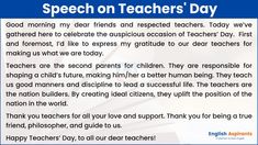 Speech on Teachers Day in English Speech In English, English For Students, Good Manners, Teachers Day, Be A Nice Human, Writing Skills, Manners