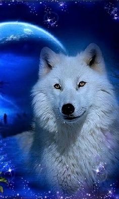 an image of a white wolf in the night sky