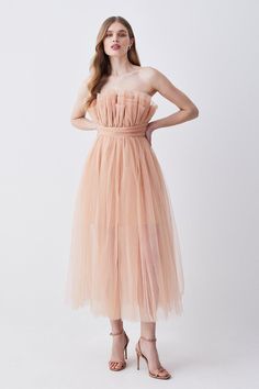 Corseted Tulle Woven Midi Dress | Karen Millen Tulle Dresses For Women, Tulle Layered Wedding Dress, Layered Wedding Dresses, Poofy Dress, Wedding Guest Outfit Ideas, Midi Wedding Dress, Made Of Honor, Pink Tulle Dress, Tulle Midi Dress