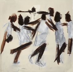 an abstract painting of people holding onto each other's arms and looking at something in the distance