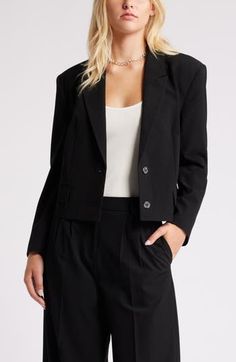 The classic blazer with peaked lapels and a two-button closure gets a modern twist with a cropped length. 21 1/2" length (size Medium) Two-button closure Peaked lapels Front flap pockets Lined 62%REPREVE® recycled polyester, 33% rayon, 5% spandex REPREVE recycled polyester is made from 100% post-consumer recycled plastic bottles Machine wash, tumble dry Imported Formal Single-breasted Cropped Jacket With Suit Collar, Tailored Cropped Blazer For Business, Classic Spring Cropped Jacket For Formal Occasions, Classic Black Cropped Blazer, Tailored Single Breasted Cropped Jacket For Formal Occasions, Tailored Single-breasted Cropped Jacket For Formal Occasions, Tailored Single-breasted Cropped Jacket For Formal Events, Formal Single-breasted Cropped Jacket With Notch Lapel, Tailored Double Button Cropped Jacket For Business