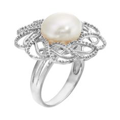 Adorned with a freshwater cultured pearl situated in an open-worked floral motif, this sterling silver ring exudes elegance. Comes in a gift box. Click on this JEWELRY & WATCHES GUIDE to learn about fit, styles, materials and more!RING DETAILS Width: 1.25 in. Metal: rhodium-plated sterling silver Features: miligrain detailing CULTURED PEARL DETAILS Type: freshwater Shape: button Size: 9 mm Color: white Gemstones may have been treated to enhance their appearance. Special care may be required. Ple Flower Shaped Pearl Ring For Wedding, Elegant Flower Ring For Formal Occasions, Elegant White Flower Ring, Elegant Sterling Silver Flower Ring, Silver Elegant Flower Ring For Gift, Elegant Open Pearl Ring, Elegant Silver Flower Ring For Gift, Elegant Open Flower Ring For Anniversary, Elegant Flower Rings For Anniversary